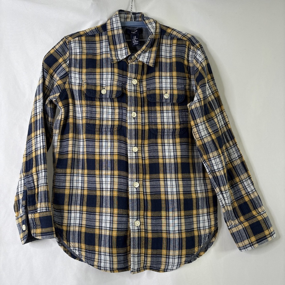 Gap Kids Boys Medium Long Sleeve‎ Button Down Shirt Plaid Blue Yellow White